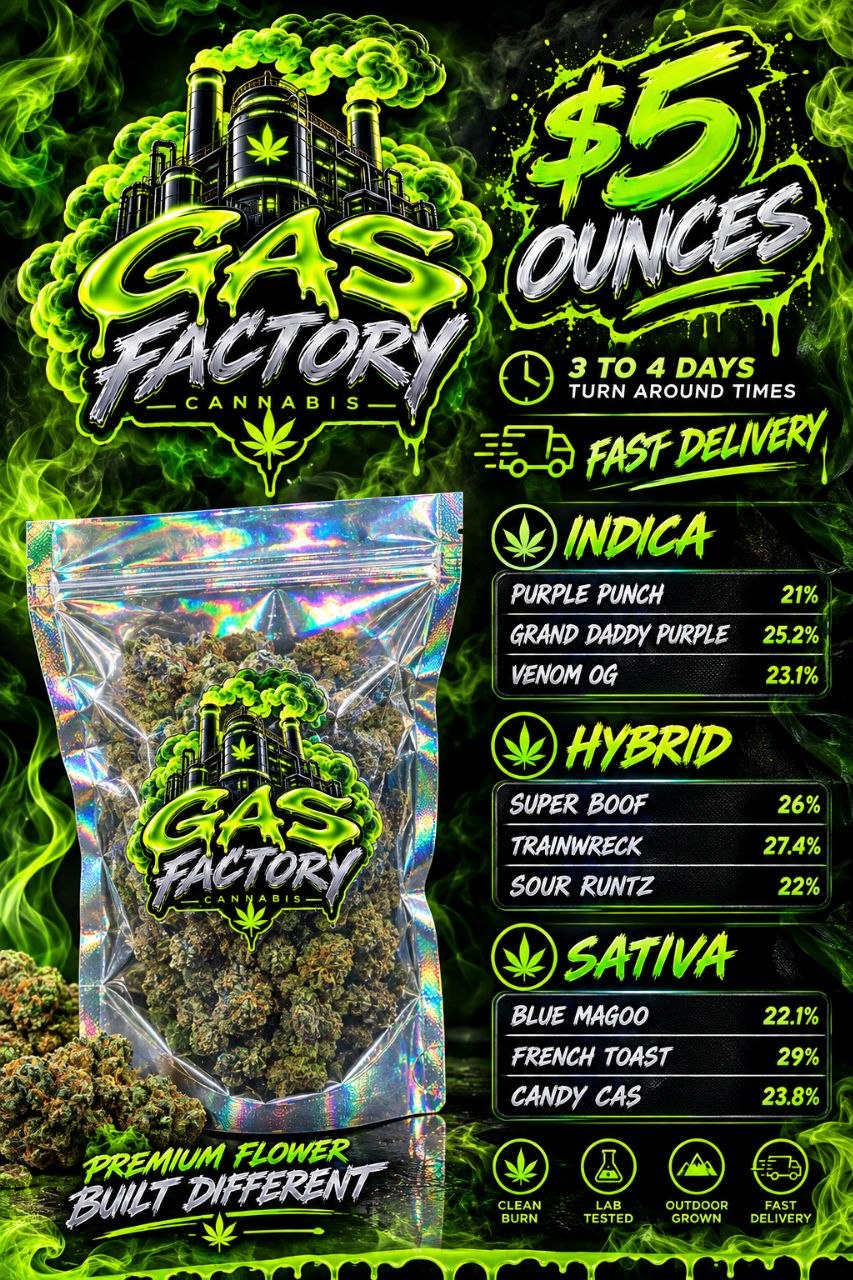 Gas Factory wholesale menu with silver mylar packaging